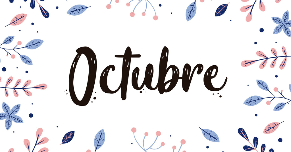 Diseño de texto Oktober con letras negras, rodeado de hojas y ramas en tonos azules y rosas sobre fondo blanco