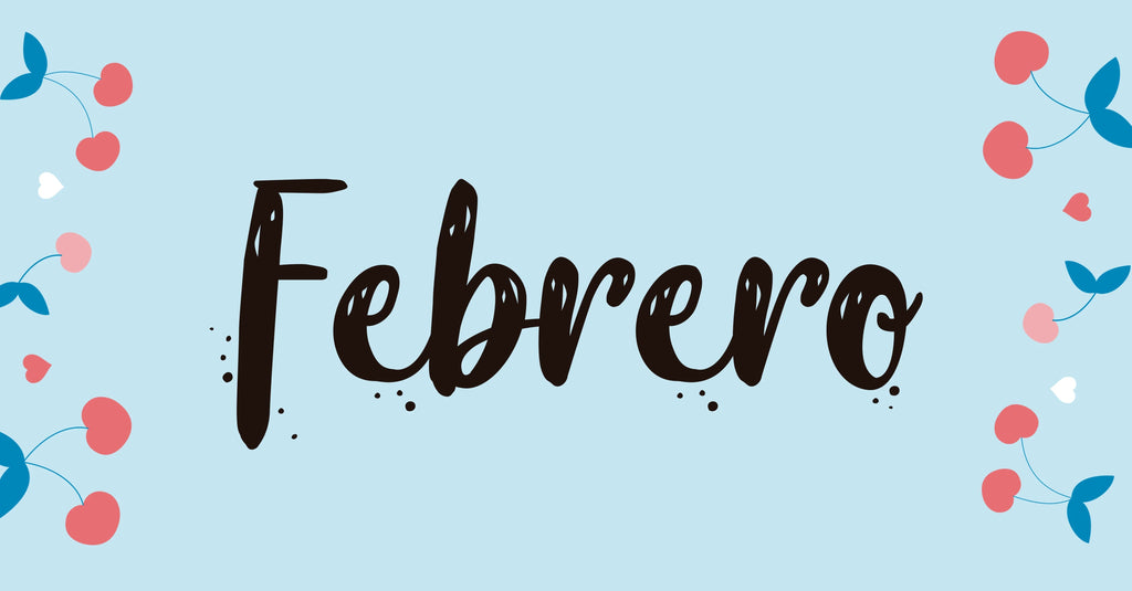 Diseño de texto manuscrito negro con la palabra febrero en fondo celeste y decoraciones florales rosas y azules