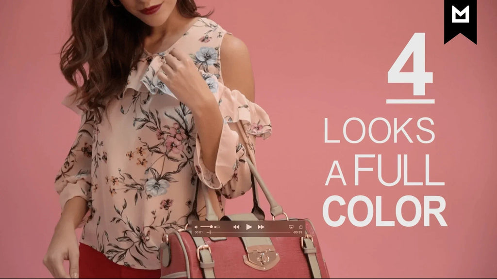 Mujer con blusa floral rosa y bolso rojo sobre fondo rosa, texto 4 looks a full color