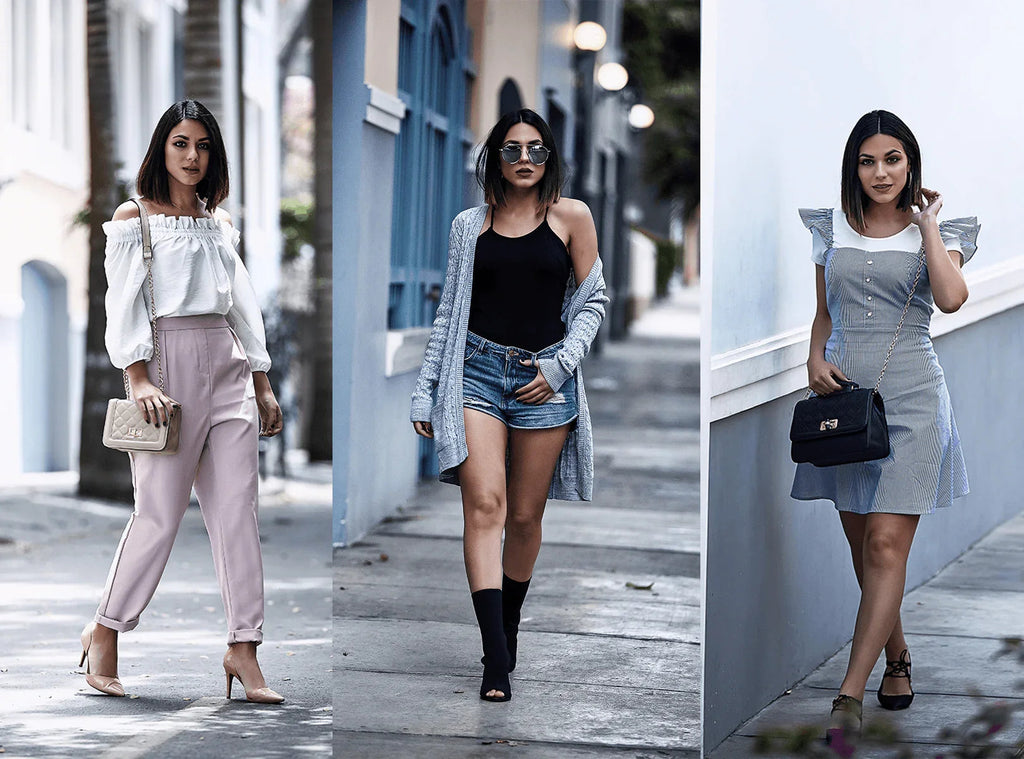 Tres mujeres con moda femenina urbana: blusa blanca con pantalón rosa, conjunto negro con shorts y vestido a rayas azul claro
