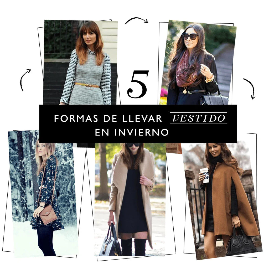Collage de cinco mujeres con vestidos de invierno combinados con accesorios y abrigos elegantes