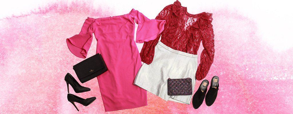 Conjunto de atuendos de día de San Valentín con vestido rosa, blusa roja de encaje, faldas, tacones y bolsos sobre fondo rosa