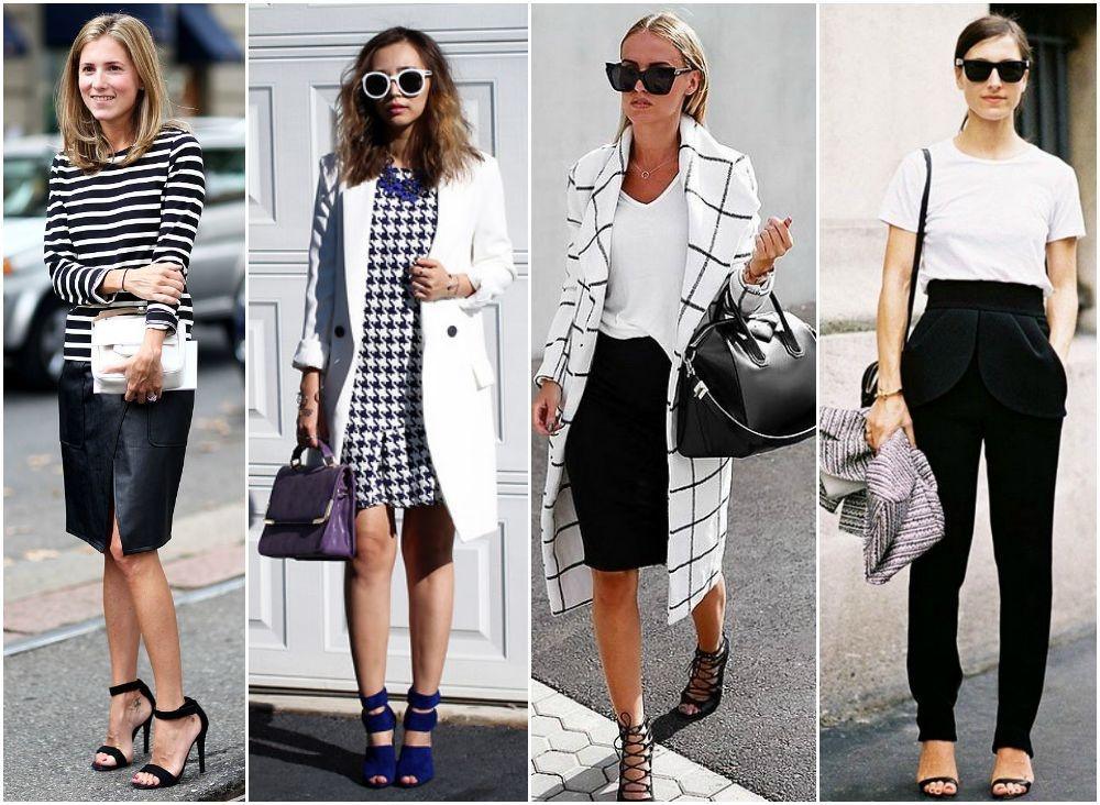 Moda oficina blanco y negro: mujeres con faldas, pantalones y abrigos elegantes y accesorios modernos