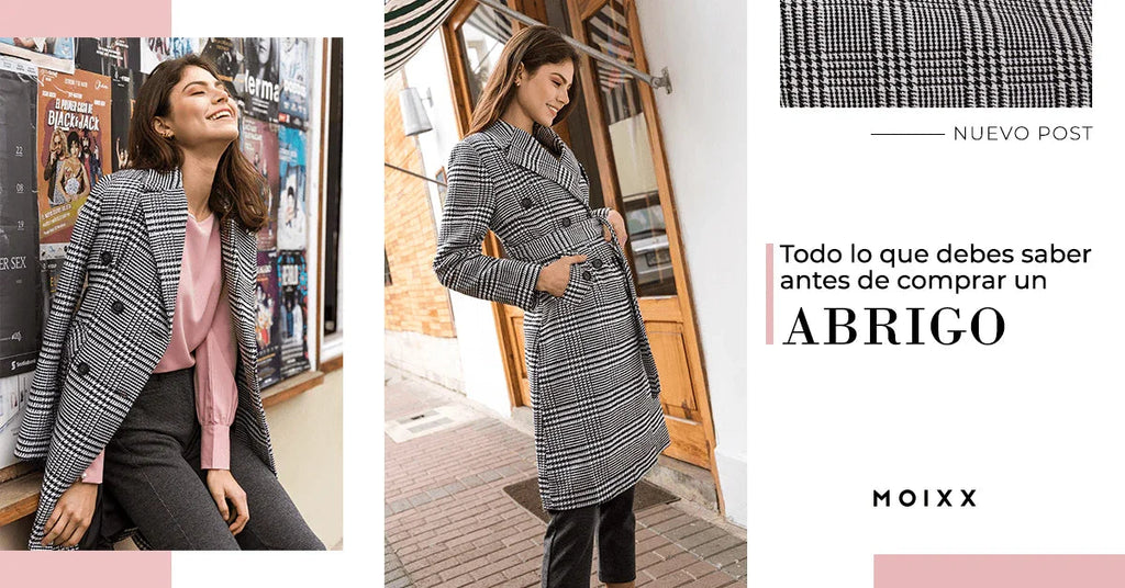 Mujer con abrigo de cuadros blanco y negro, estilosa en exterior e interior, moda abrigo mujer