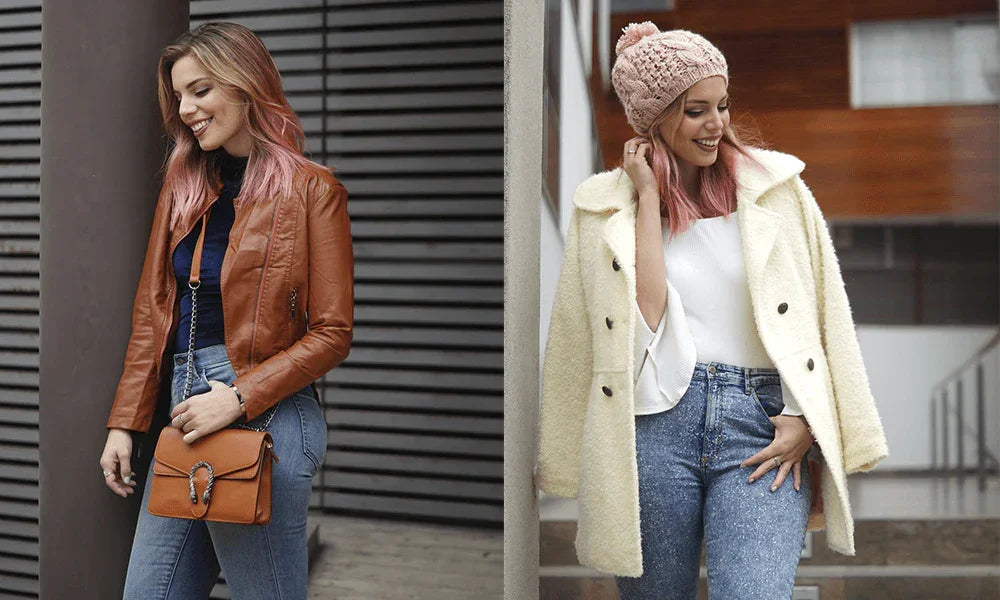 Mujer con cabello rosa usando chaqueta marrón y bolso, y otra con abrigo blanco y gorro rosa en entorno urbano