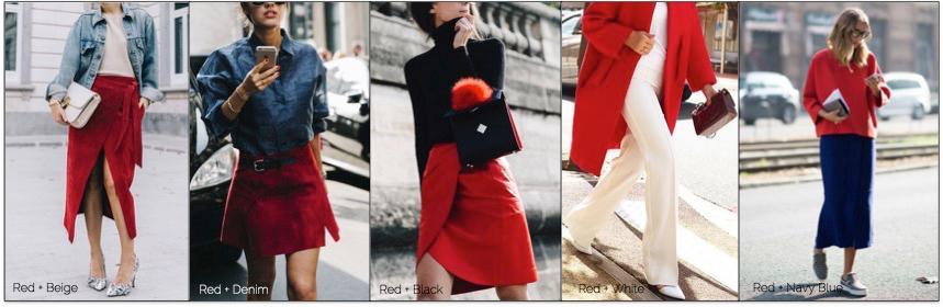Mujeres con moda urbana en rojo y accesorios, combinando faldas y pantalones en distintos estilos
