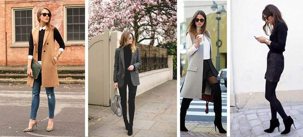 Cuatro mujeres con estilos elegantes de moda otoño invierno, luciendo abrigos, botas altas y accesorios urbanos